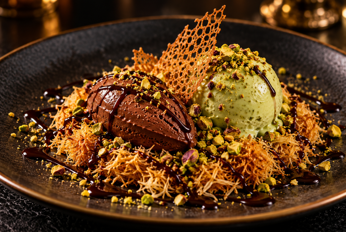 Dubai kunafa with chocolate mousse and pistachio ice cream